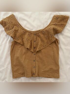 American Eagle Outfitters Eyelet Ruffle Off-Shoulder Crop Top, Yellow/Tan, XS